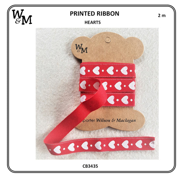 Hearts on Red Printed Ribbon
