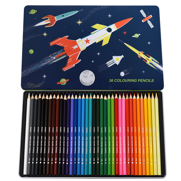 Space Age Rocket 36 Pencils in a tin