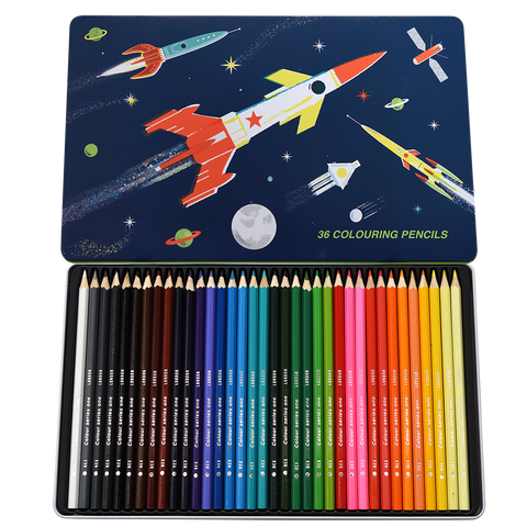 Space Age Rocket 36 Pencils in a tin