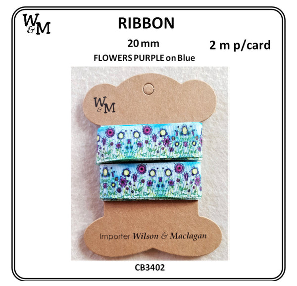 Flowers Purple on Blue Printed Ribbon